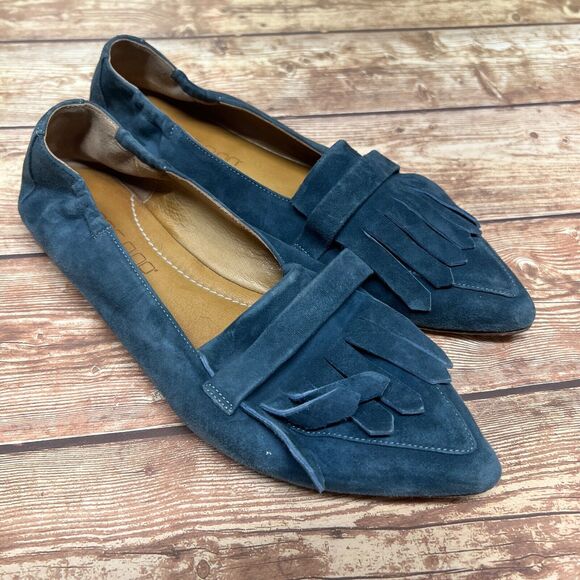 Pomme D'Or Italy Blue Suede Leather Pointed Toe Flats Womens Size 37 US 6 Kiltie - Picture 1 of 9